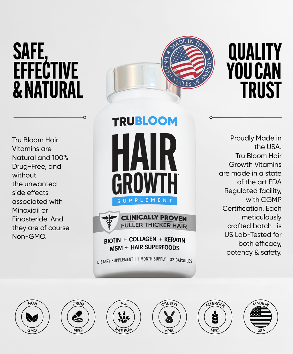 TRU BLOOM Hair Growth Vitamins - 1 Month Supply