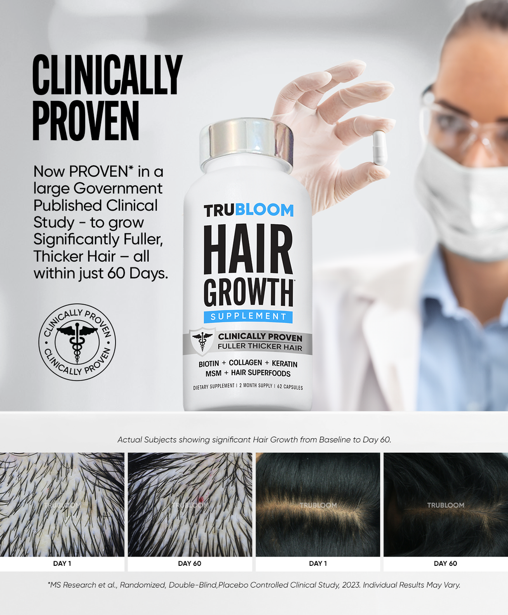 TRU BLOOM Hair Growth Vitamins - 60 Day Hair Challenge (2 Month Supply)